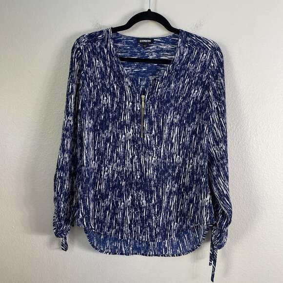 Express Blouse Womens Small Abstract Print Zip Long Sleeve Top Polyester - Picture 7 of 10